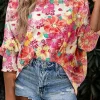 Outlet Dear-Lover Shirred Cuffs 3/4 Sleeve Floral Blouse Pink