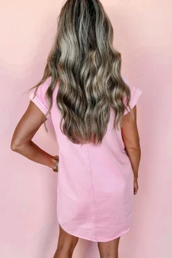 Outlet Dear-Lover Short Sleeve Double Chest Pocket Denim Shirt Dress Pink