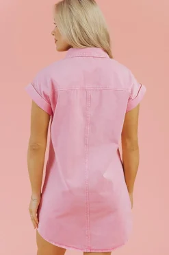 Outlet Dear-Lover Short Sleeve Double Chest Pocket Denim Shirt Dress Pink