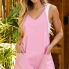 Hot Dear-Lover Sleeveless Pocketed V Neck Jersey Romper Pink