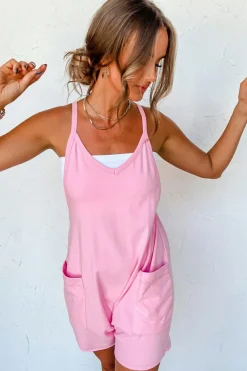 Hot Dear-Lover Sleeveless Pocketed V Neck Jersey Romper Pink