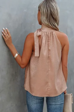 Online Dear-Lover Sleeveless Tie Mock Neck Leopard Tank Top Pink