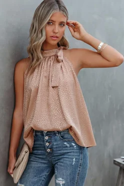 Online Dear-Lover Sleeveless Tie Mock Neck Leopard Tank Top Pink