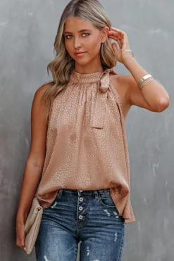 Online Dear-Lover Sleeveless Tie Mock Neck Leopard Tank Top Pink