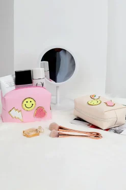 Clearance Dear-Lover Smiley Face Chenille Patched PU Zipper Makeup Bag Pink