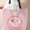 Online Dear-Lover Smiley Face Daisy Print Canvas Large Capacity Tote Bag Pink