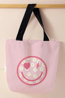 Online Dear-Lover Smiley Face Daisy Print Canvas Large Capacity Tote Bag Pink