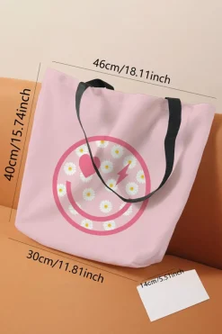 Online Dear-Lover Smiley Face Daisy Print Canvas Large Capacity Tote Bag Pink