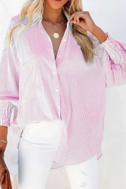 Outlet Dear-Lover Smocked Cuffed Striped Boyfriend Shirt with Pocket Pink