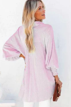 Outlet Dear-Lover Smocked Cuffed Striped Boyfriend Shirt with Pocket Pink
