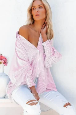 Outlet Dear-Lover Smocked Cuffed Striped Boyfriend Shirt with Pocket Pink
