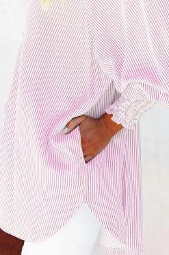 Outlet Dear-Lover Smocked Cuffed Striped Boyfriend Shirt with Pocket Pink