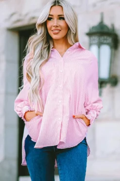 Outlet Dear-Lover Smocked Cuffed Striped Boyfriend Shirt with Pocket Pink