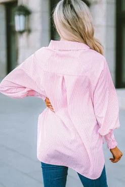 Outlet Dear-Lover Smocked Cuffed Striped Boyfriend Shirt with Pocket Pink