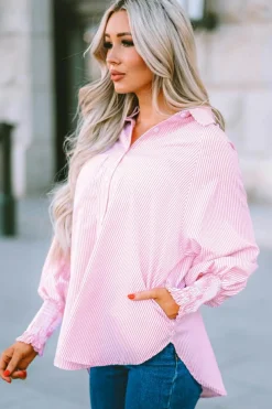 Outlet Dear-Lover Smocked Cuffed Striped Boyfriend Shirt with Pocket Pink