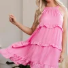 Fashion Dear-Lover Smocked Neck Knot Back Frilly Tiered Sleeveless Mini Dress Pink