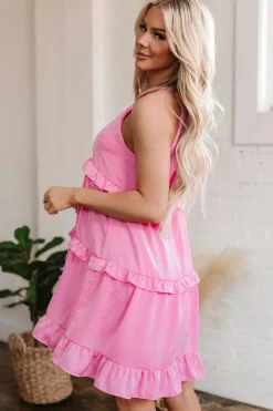Fashion Dear-Lover Smocked Neck Knot Back Frilly Tiered Sleeveless Mini Dress Pink