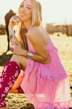 Fashion Dear-Lover Smocked Neck Knot Back Frilly Tiered Sleeveless Mini Dress Pink