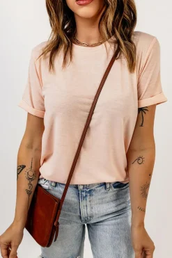 Clearance Dear-Lover Solid Color Crew Neck Tee Pink