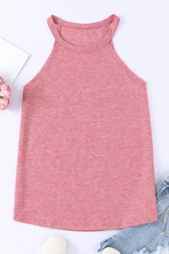 Discount Dear-Lover Solid Color Crew Neck Tank Top Pink