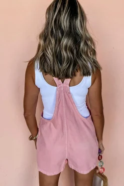 Outlet Dear-Lover Solid Color Knot Straps Denim Romper with Pockets Pink
