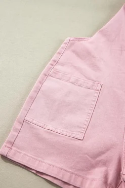 Outlet Dear-Lover Solid Color Knot Straps Denim Romper with Pockets Pink