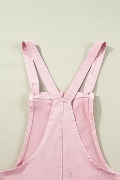 Outlet Dear-Lover Solid Color Knot Straps Denim Romper with Pockets Pink