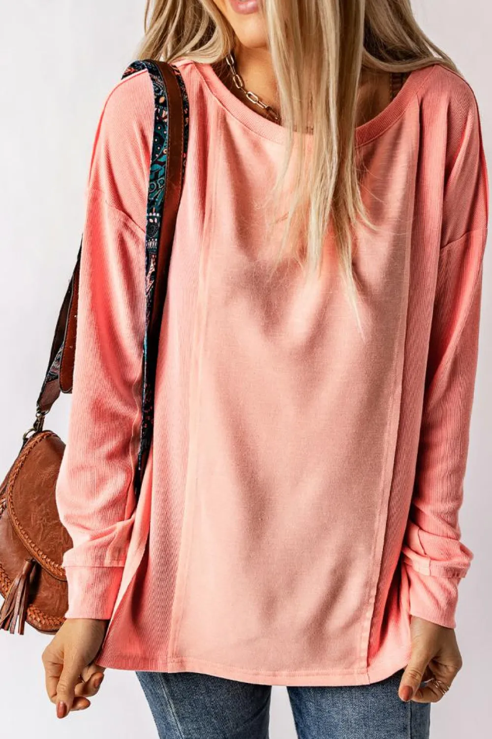Discount Dear-Lover Solid Color Patchwork Long Sleeve Top Pink