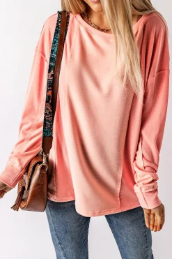 Discount Dear-Lover Solid Color Patchwork Long Sleeve Top Pink