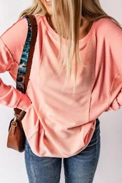 Discount Dear-Lover Solid Color Patchwork Long Sleeve Top Pink