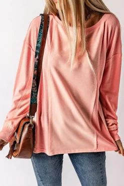 Discount Dear-Lover Solid Color Patchwork Long Sleeve Top Pink