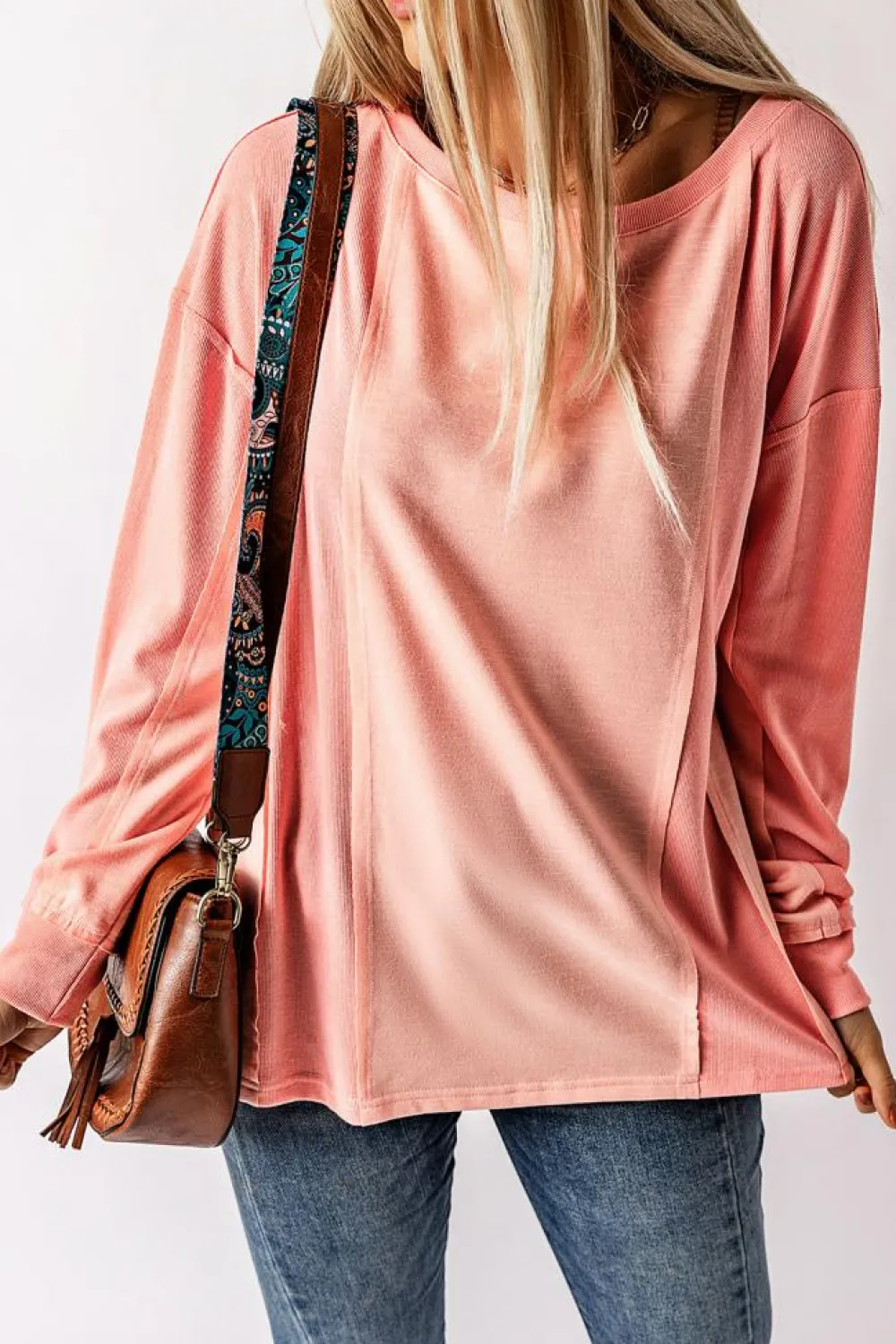 Discount Dear-Lover Solid Color Patchwork Long Sleeve Top Pink
