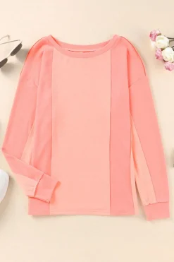 Discount Dear-Lover Solid Color Patchwork Long Sleeve Top Pink