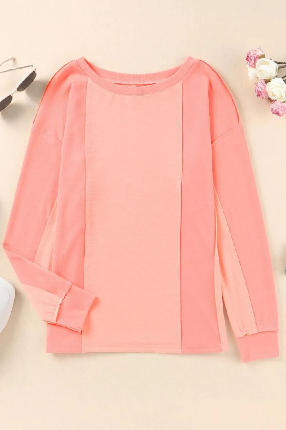 Discount Dear-Lover Solid Color Patchwork Long Sleeve Top Pink