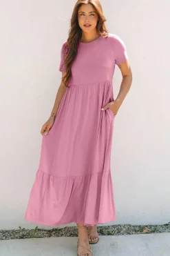 Outlet Dear-Lover Solid Color T-shirt High Waist Pocketed Long Dress Pink