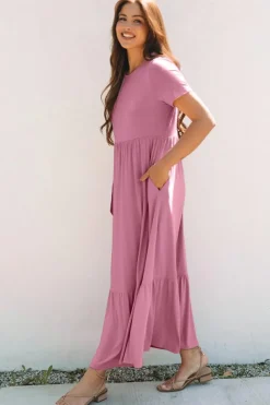 Outlet Dear-Lover Solid Color T-shirt High Waist Pocketed Long Dress Pink