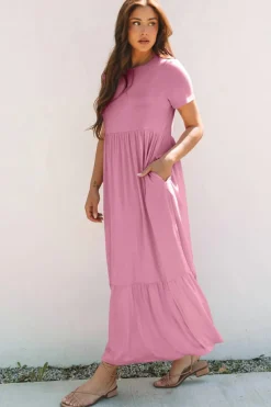 Outlet Dear-Lover Solid Color T-shirt High Waist Pocketed Long Dress Pink
