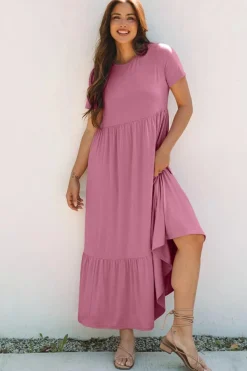 Outlet Dear-Lover Solid Color T-shirt High Waist Pocketed Long Dress Pink