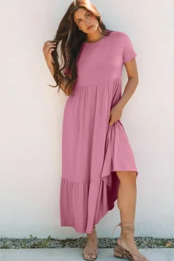Outlet Dear-Lover Solid Color T-shirt High Waist Pocketed Long Dress Pink