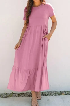 Outlet Dear-Lover Solid Color T-shirt High Waist Pocketed Long Dress Pink