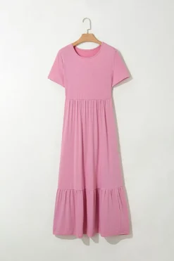 Outlet Dear-Lover Solid Color T-shirt High Waist Pocketed Long Dress Pink