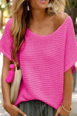 Best Dear-Lover Solid Loose Knit Short Dolman Sleeve Sweater Pink