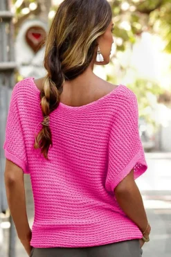 Best Dear-Lover Solid Loose Knit Short Dolman Sleeve Sweater Pink