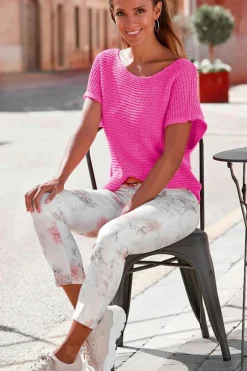 Best Dear-Lover Solid Loose Knit Short Dolman Sleeve Sweater Pink