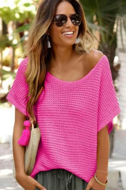 Best Dear-Lover Solid Loose Knit Short Dolman Sleeve Sweater Pink