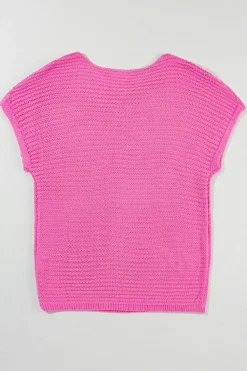 Best Dear-Lover Solid Loose Knit Short Dolman Sleeve Sweater Pink