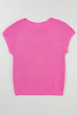 Best Dear-Lover Solid Loose Knit Short Dolman Sleeve Sweater Pink