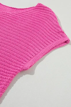 Best Dear-Lover Solid Loose Knit Short Dolman Sleeve Sweater Pink