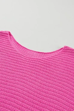 Best Dear-Lover Solid Loose Knit Short Dolman Sleeve Sweater Pink