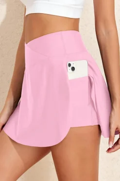Clearance Dear-Lover Solid Pocketed Crossover High Waist Swim Skort Pink